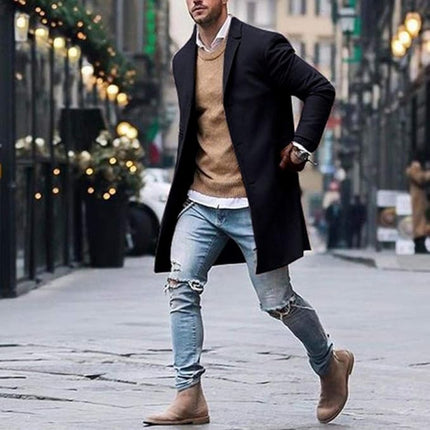 Black slim fit long coat with notch lapels and three-button front