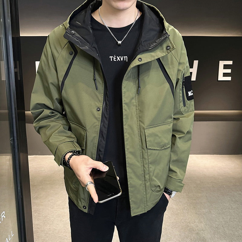 “Men’s Fashionable Short Hooded Work Jacket Outerwear, Trendy All-match Clothes