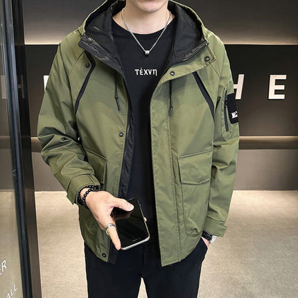 Men's hooded jacket in olive green with zip front, drawcord hood, and side pockets