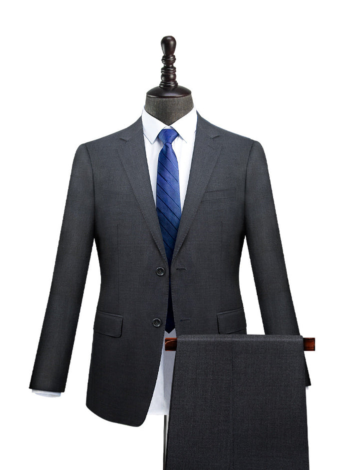 Grey slim-fit two-piece suit with notch lapels, two-button jacket and matching trousers