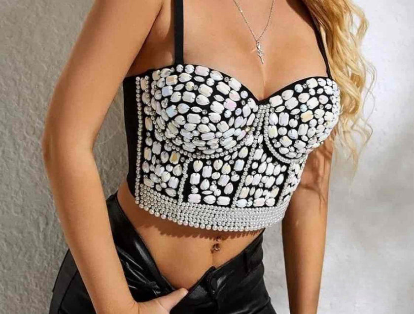 Embellished Sweetheart Bustier Top with Floral Appliqués and Pearl Draping