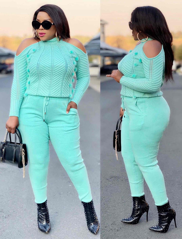 Off-shoulder knit twin set with high-waist pants in aquamarine, cable pattern