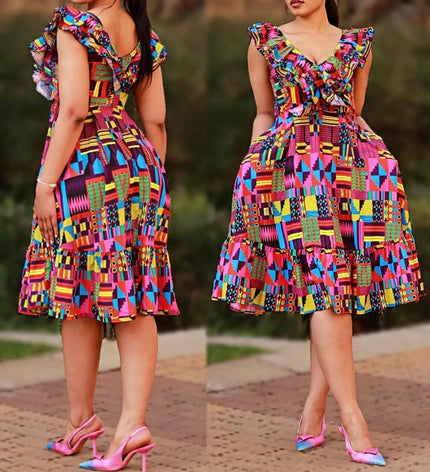 Colorful geometric print ruffle midi dress with ruffled neckline and tiered skirt