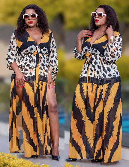 Leopard print wrap maxi dress with V-neck, long sleeves, and tie waist
