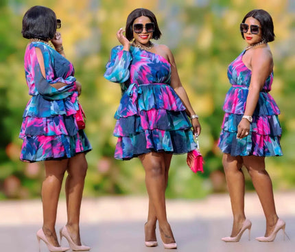 One-shoulder tiered floral mini dress in blue and pink with ruffled tiers
