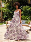 White and mauve tropical print maxi dress with spaghetti straps, flowy hem