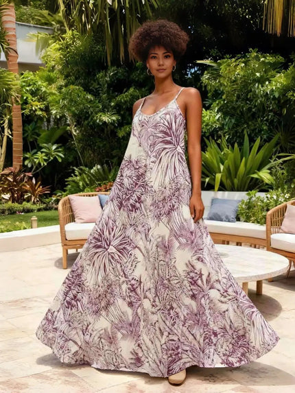 White and mauve tropical print maxi dress with spaghetti straps, flowy hem