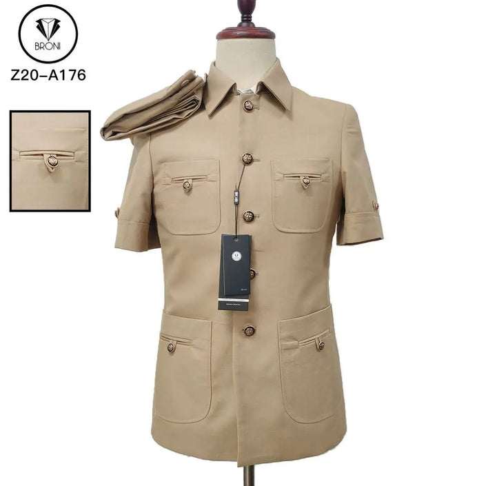 Beige short-sleeve single-breasted suit jacket with front flap and side pockets