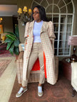 Plaid Long Trench Coat  Puff Sleeve Layered