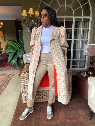 Plaid Long Trench Coat  Puff Sleeve Layered