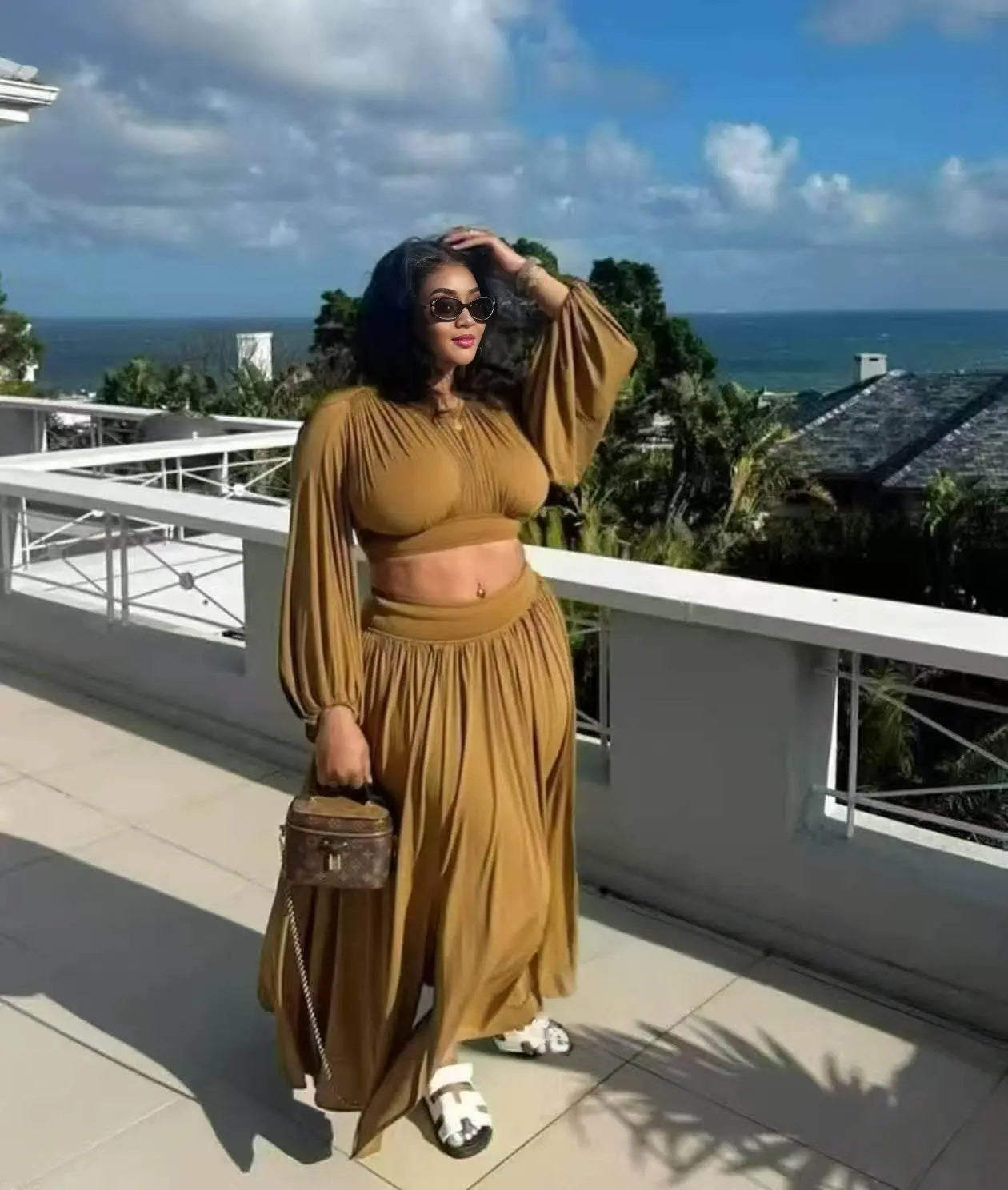Flowing skirt dress set in coffee brown, long balloon sleeves and tiered midi skirt