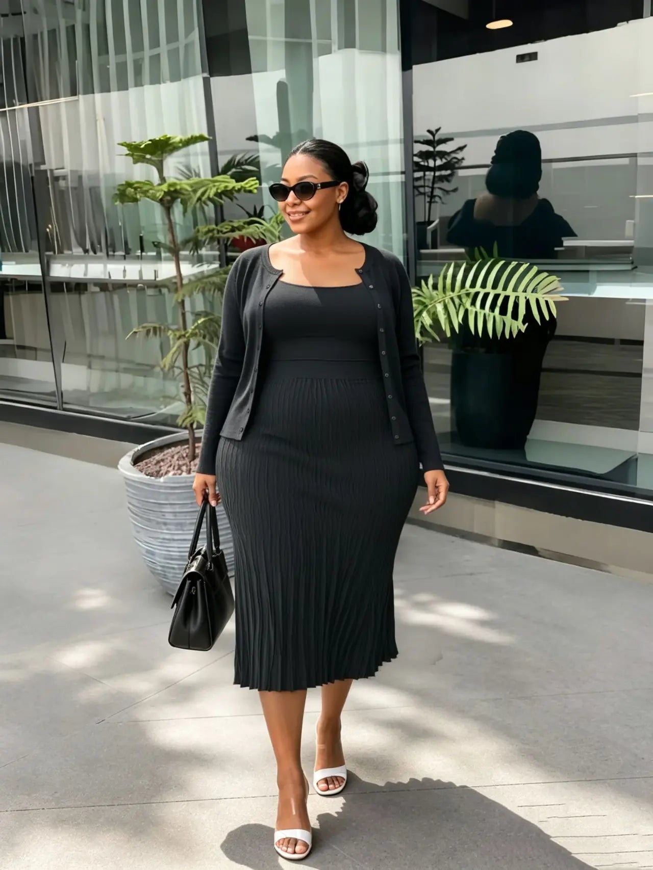 Pleated knit midi dress with matching button-front cardigan, dark gray