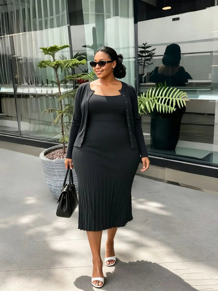 Pleated knit midi dress with matching button-front cardigan, dark gray