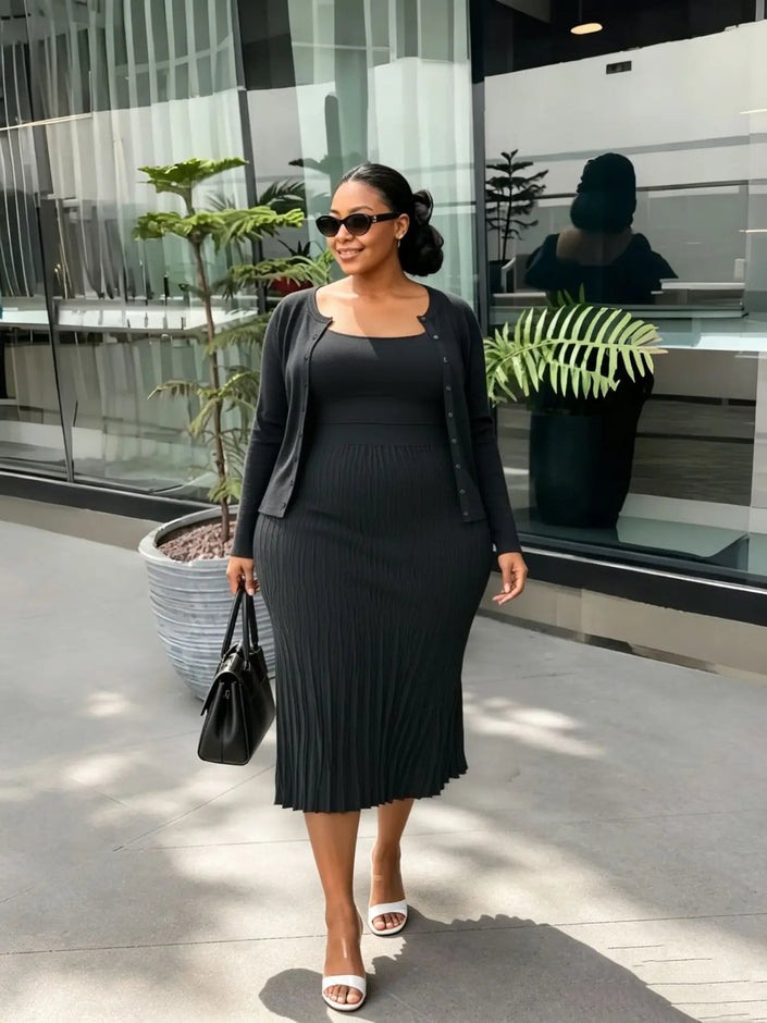 Pleated knit midi dress with matching button-front cardigan, dark gray