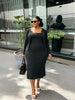 Pleated knit midi dress with matching button-front cardigan, dark gray