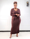 Pleated knit midi dress with matching button-front cardigan, coffee brown