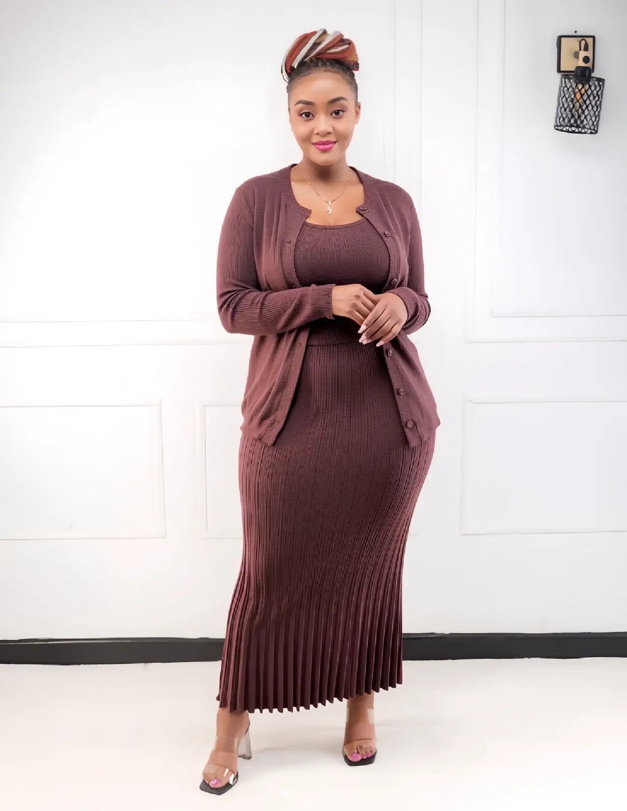 Pleated knit midi dress with matching button-front cardigan, coffee brown