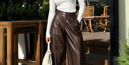 High-waist brown leather wide-leg pants with front seam