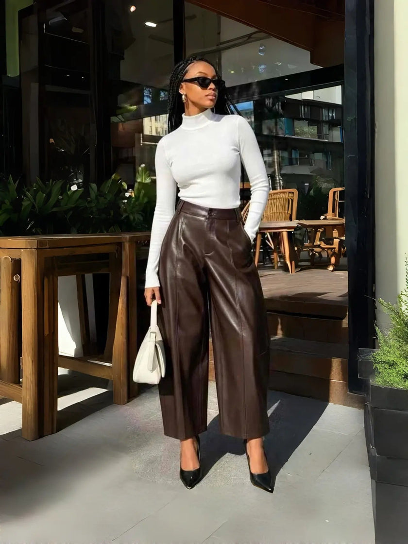High-waist brown leather wide-leg pants with front seam