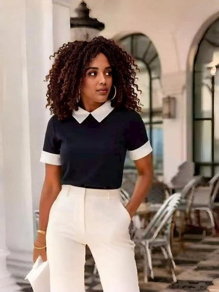Women’s knit top with contrast white collar and short sleeves