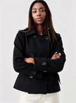 Women short double-breasted coat in black, collared with round buttons and belt tie