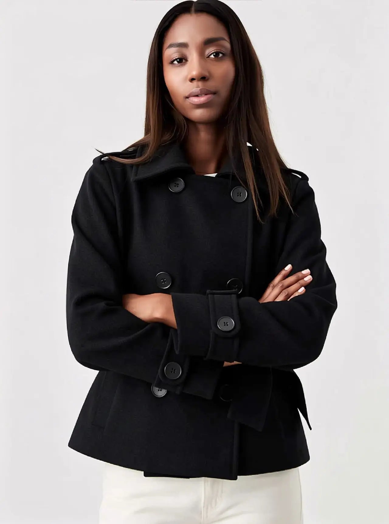 Women short double-breasted coat in black, collared with round buttons and belt tie