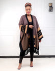 Striped knit cardigan poncho with fringe trim, open front, black and brown bands