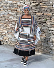 Geometric maxi skirt set with stripe panels, black and cream, off-shoulder top