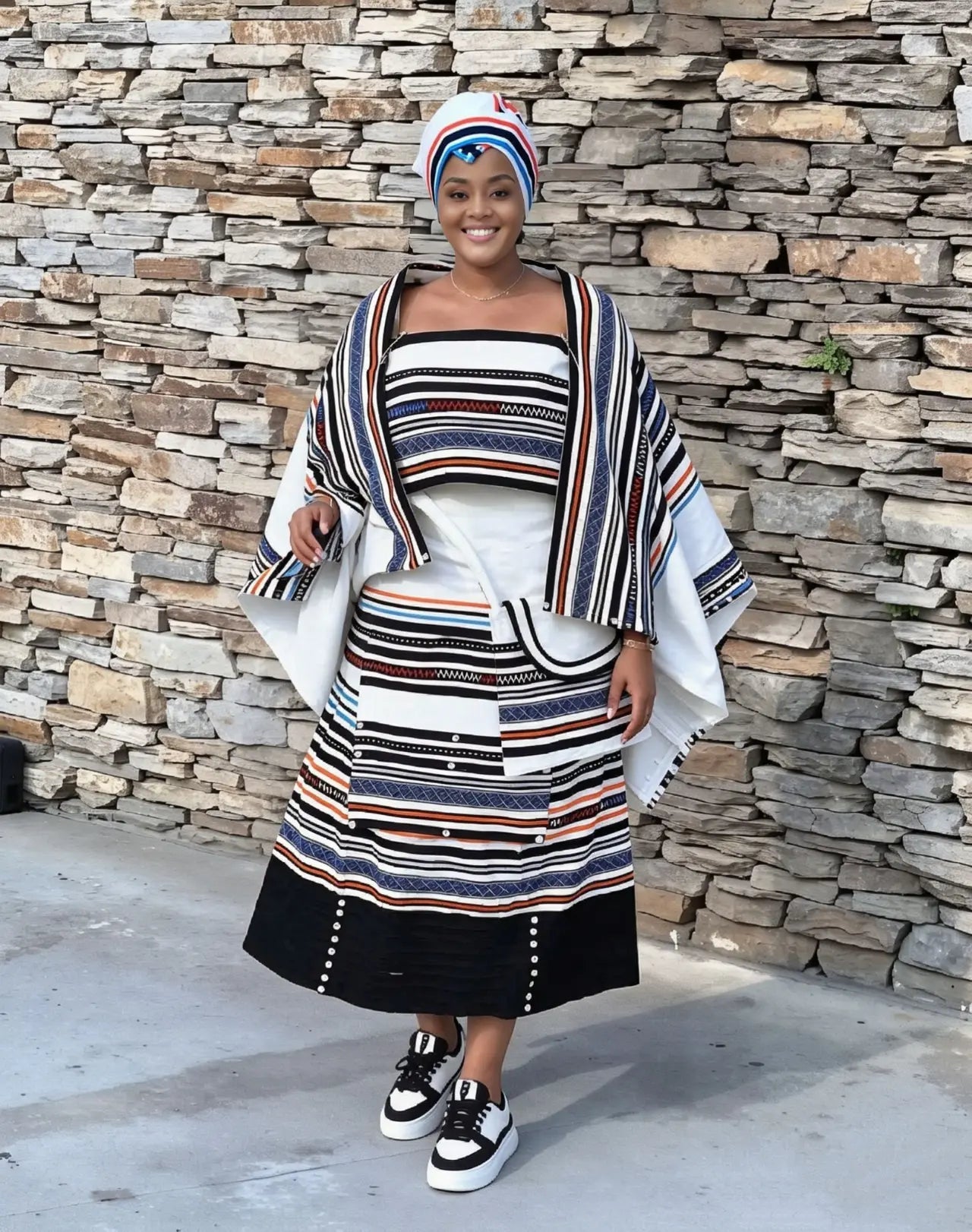 Geometric maxi skirt set with stripe panels, black and cream, off-shoulder top
