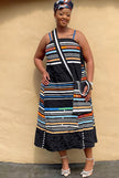Geometric maxi skirt set with stripe bodice and black skirt, multicolor trim