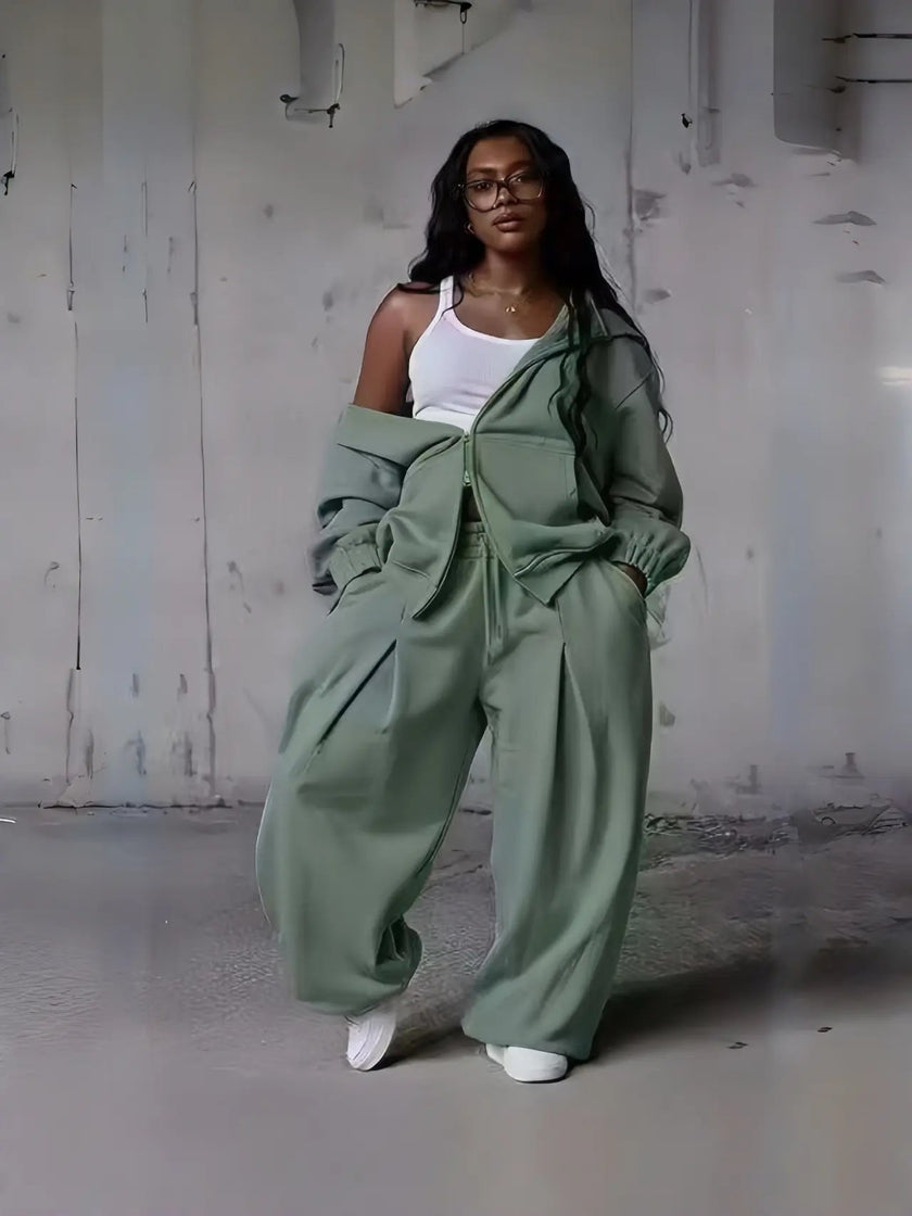 Green zip-front hoodie and wide-leg sweatpants loungewear set