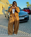 Brown zip-front hoodie and wide-leg sweatpants loungewear set