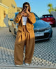 Brown zip-front hoodie and wide-leg sweatpants loungewear set