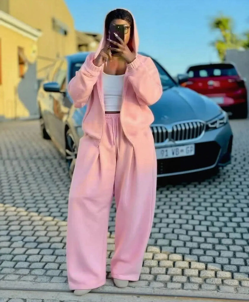 Pink zip-front hoodie and wide-leg sweatpants loungewear set