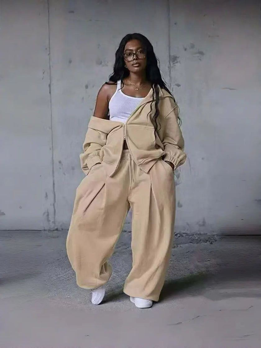 Beige zip-front hoodie and wide-leg sweatpants loungewear set
