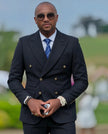 Men's black double-breasted suit with gold buttons and matching trousers