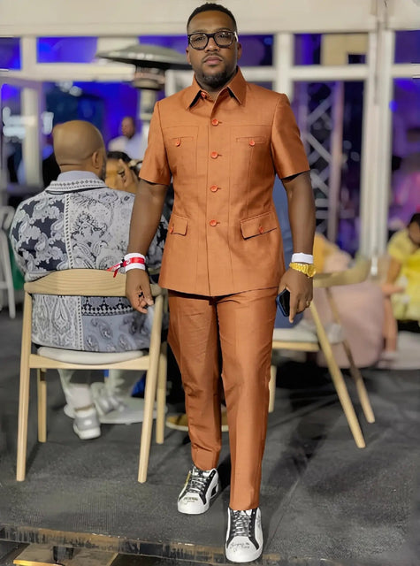 Men's short-sleeve two-piece suit set with button front jacket and matching brown pants