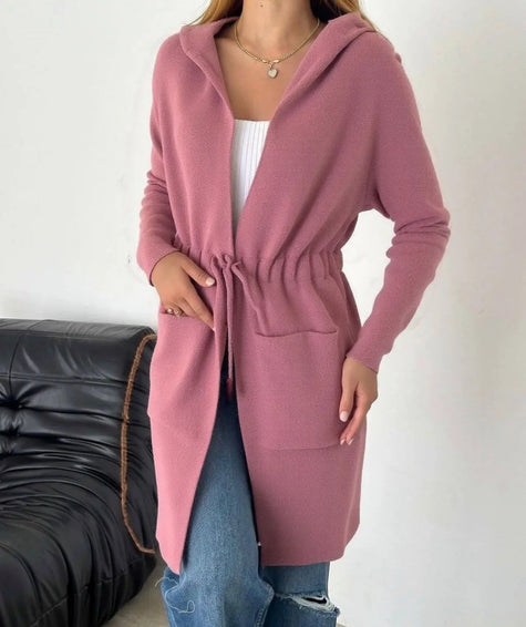 Hooded Waist Tie Mid Length Cardigan Drawstring Pocket Casual Wear
