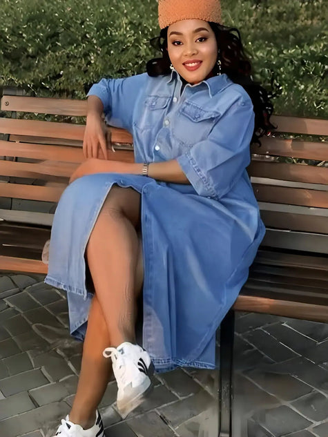 Collared Denim Shirt Dress Button Front Pocket Casual Everyday Wear