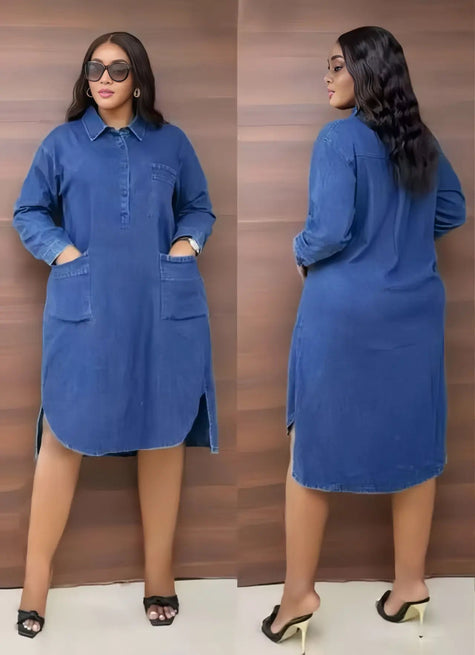 Shirt Style Denim Dress Collared Pocket Design Casual Everyday Wear