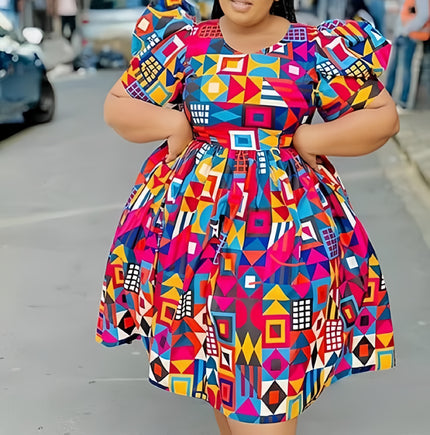 Plus size puff-sleeve printed midi dress with bright geometric pattern and round neck.