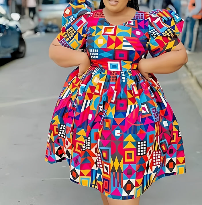 Plus size puff-sleeve printed midi dress with bright geometric pattern and round neck.