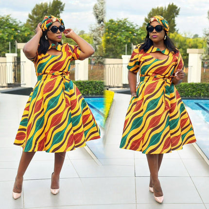 Wrap midi dress with colorful wave swirl print, short sleeves, V-neck, adjustable waist tie.
