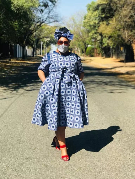 Plus size circular print flared dress, navy with white ring pattern, short sleeves