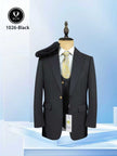 Black slim-fit suit set with peak lapel single-breasted jacket and matching vest