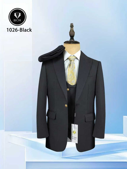Black slim-fit suit set with peak lapel single-breasted jacket and matching vest