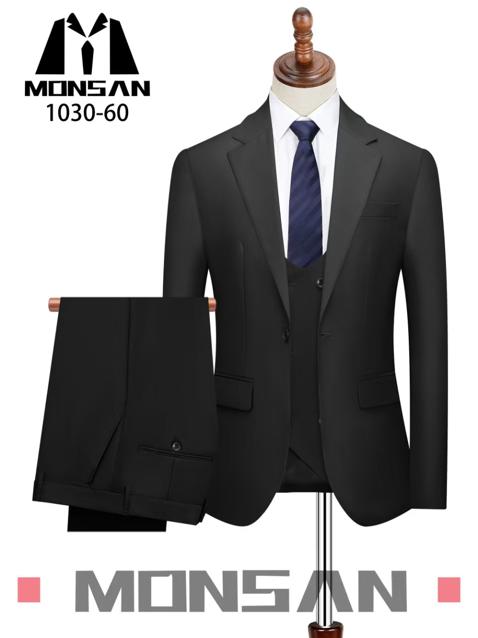 Men's slim fit 3-piece suit with notch lapels, matching vest and trousers, dark