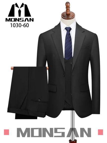 Men's slim fit 3-piece suit with notch lapels, matching vest and trousers, dark
