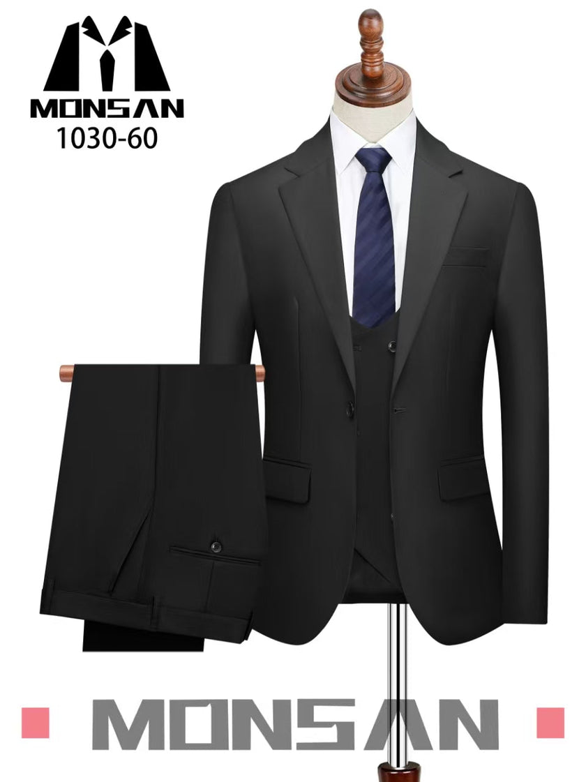 Men's slim fit 3-piece suit with notch lapels, matching vest and trousers, dark