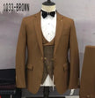 Brown slim-fit suit set with plaid waistcoat and black bow tie